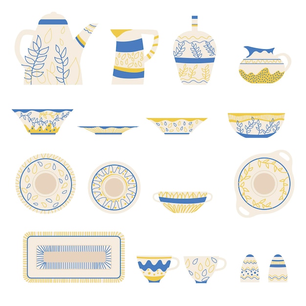 Collection of tableware items for home decoration on white background. Decorative mugs, bowls, jugs and dishes made of clay. Ceramic household pottery for kitchen cartoon vector illustration set