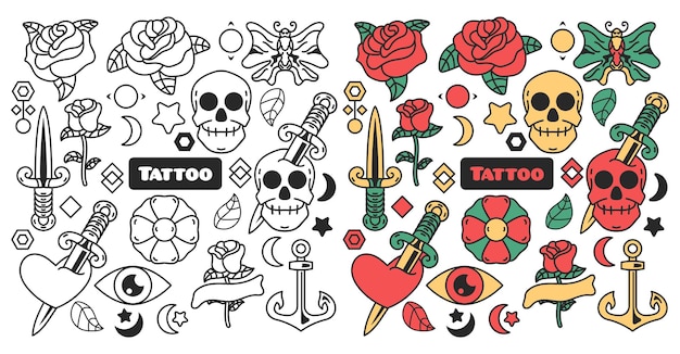 Free Vector collection of tattoo color and monochromatic doodles, set tattoo line art