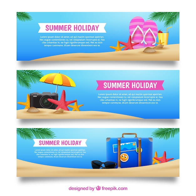 Free Vector collection of three banners with realistic summer items