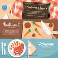 Free vector collection of three restaurant banners with flat elements