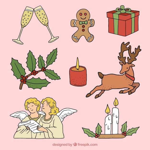 Free vector collection of traditional christmas elements hand drawn