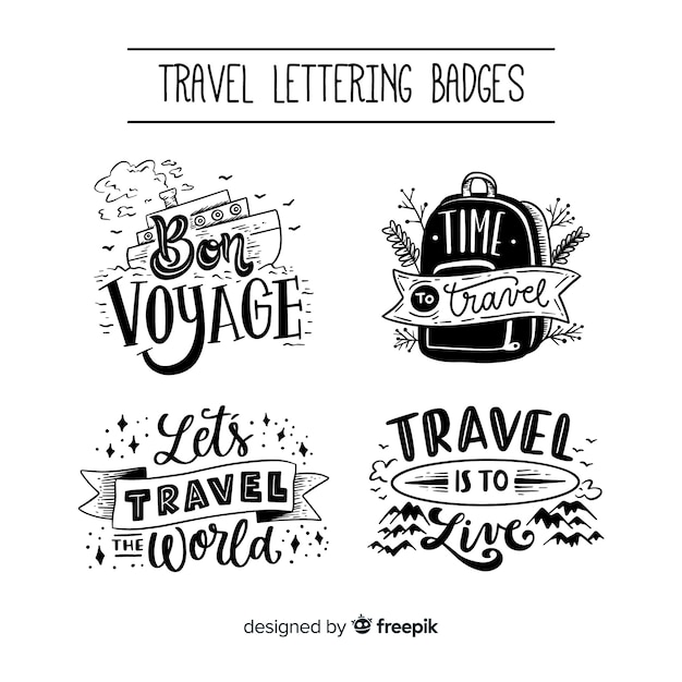 Collection of travel lettering badges