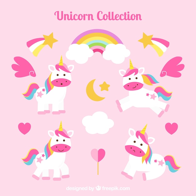 Free Vector collection of unicorns and hearts with rainbows