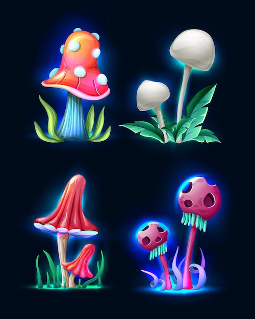 Collection of vector cartoon style magic fantasy  mushrooms glowing in the dark isolated on white