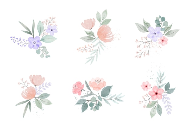 Collection of watercolor flowers and leaves