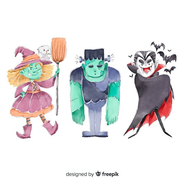 Free vector collection of watercolor halloween characters