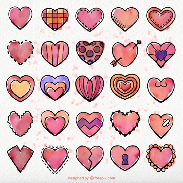 Free vector collection of watercolor hand drawn hearts