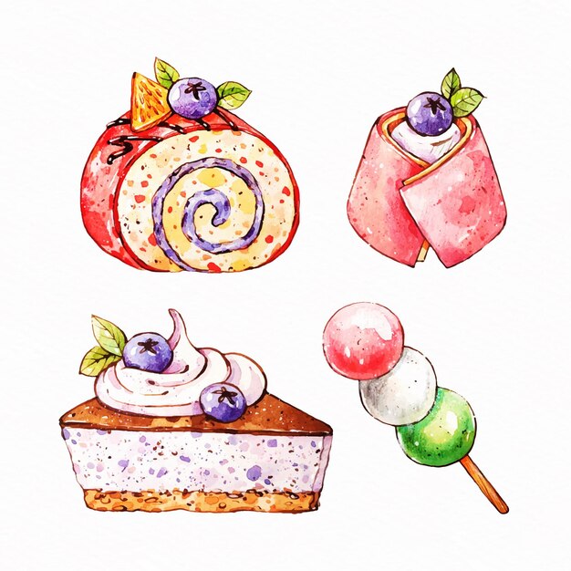 Collection of  watercolor japanese dessert