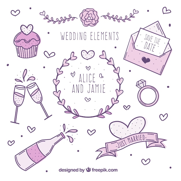 Free Vector collection of wedding elements in purple tones