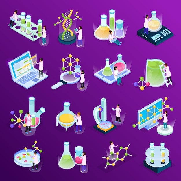 Collection with science research isometric glow icons with colourful liquids in glass tubes computers amd molecules