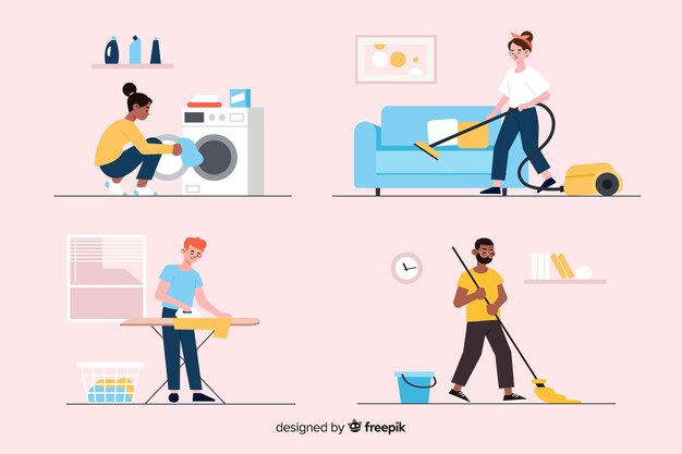 Collection of young people cleaning the house