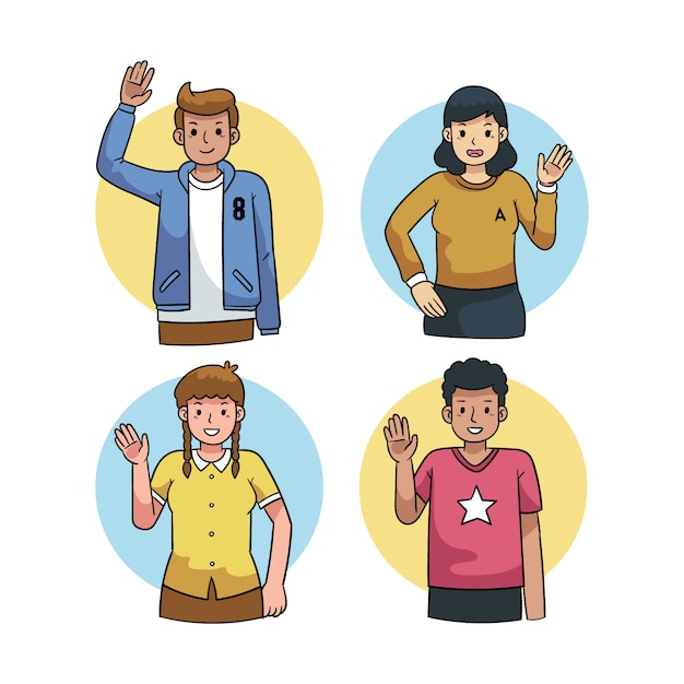 Collection of young people waving hand