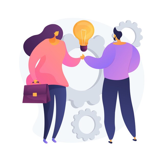 Collective creativity. Coworkers shaking hands. Partnership work, colleagues collaboration, business deal. Creative thinking, experience exchange. Vector isolated concept metaphor illustration