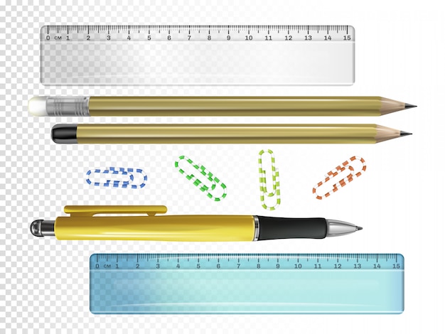 College stationery illustration of 3D ink pen, pencils with erasers and rulers or paper clips