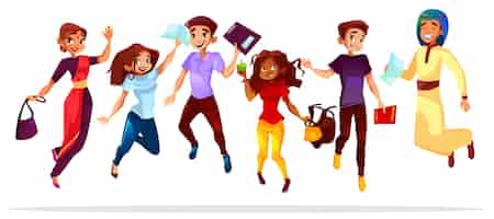 Free vector college or university students illustration of classmates different nationalities jumping up.