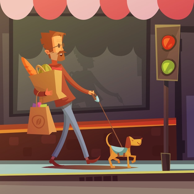 Free Vector color cartoon illustration depicting disabled blind man with dog on the road vector illustration