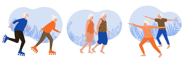 Free Vector color composition of old people walking in the park flat vector illustration