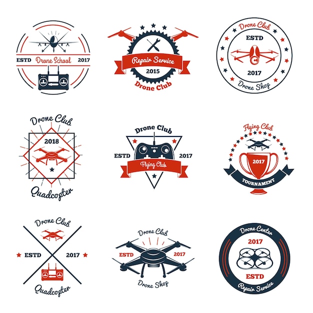 Color emblems with drone, controller and design elements for club, school, repair service, tournament isolated 