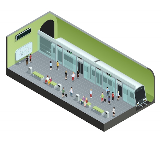 Free Vector color isometric concept depicting subway station with train and people