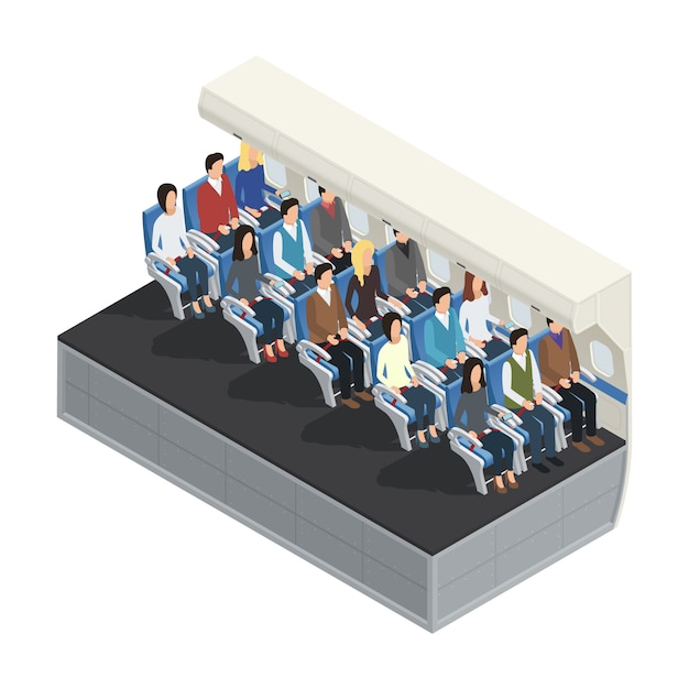 Free vector colored airplane interior isometric 3d concept with seated passengers on the board vector illustration