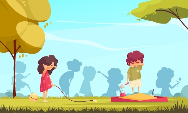 Colored cartoon background with two lonely children crying on playground illustration