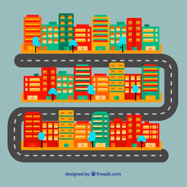 Colored city map with buildings and road in the middle