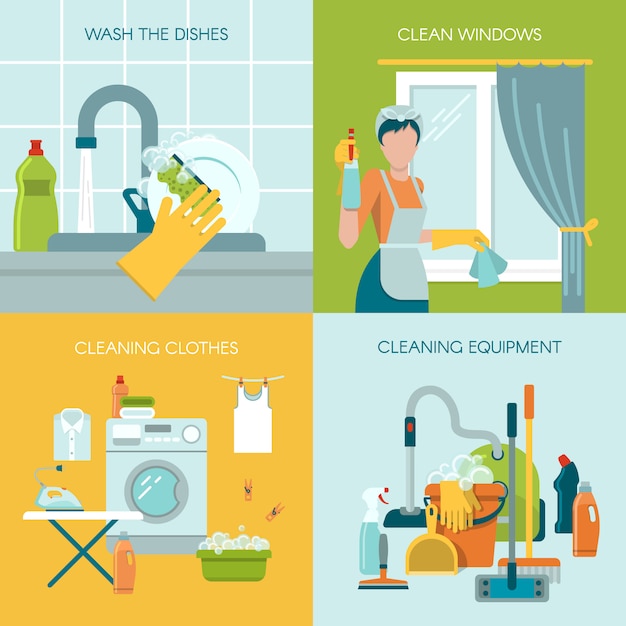 Colored Cleaning Illustration Concept Set