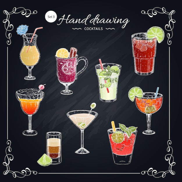 Free Vector colored cocktails hand drawn set