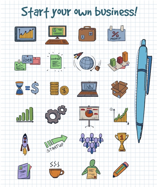 Free Vector colored doodle business start elements concept