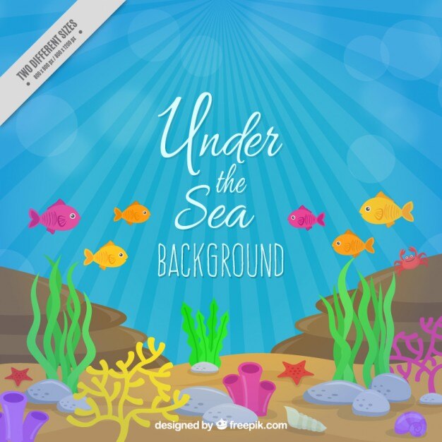 Colored fishes and seaweeds under the sea background