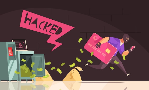 Free Vector colored and flat hacker runs away composition man steal credit card and runs vector illustration