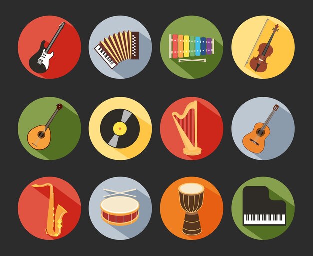 Colored Flat Musical Icons Isolated on Black Background