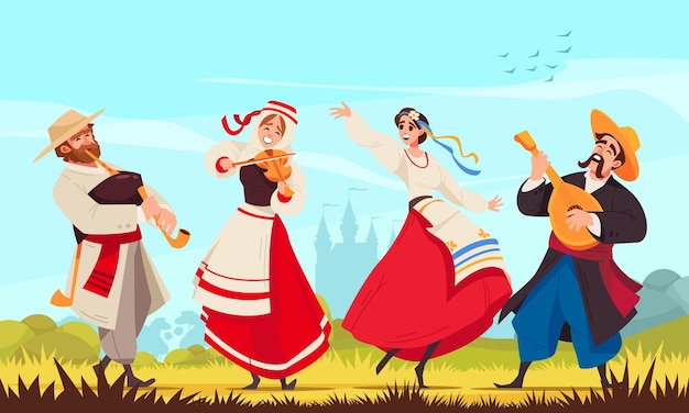 Free Vector colored folklore music composition two pairs of dancers in national costumes dancing together vector illustration