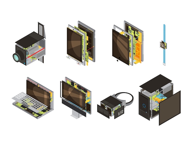 Free Vector colored gadgets scheme isometric icon set with computer reserve parts and microcircuit vector illustration