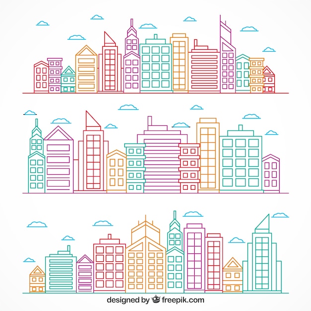 Free Vector colored hand drawn modern cities set