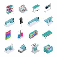 Free vector colored and isolated garment factory isometric icon set machines sewing machines garment manufacturi