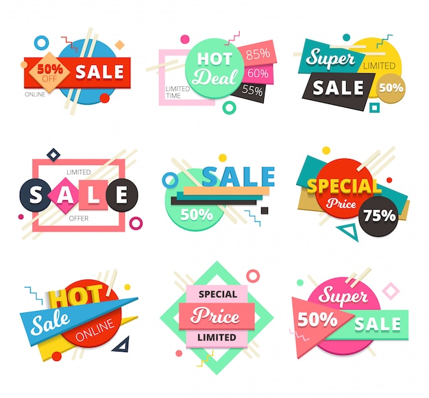 Colored and isolated sale material design geometric icon set with super sale and special price descriptions 