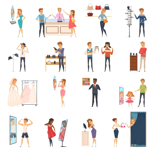 Colored and isolated trying shop flat people icon set with trying on clothes in store 