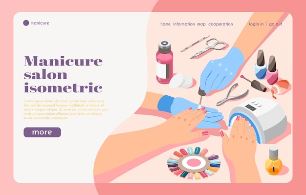 Colored isometric beauty salon landing page with manicure tools and artist painting nails 3d