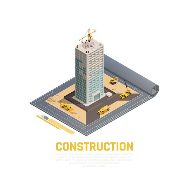 Free Vector colored and isometric icon construction banner with 3d plan of construction of building vector illustration