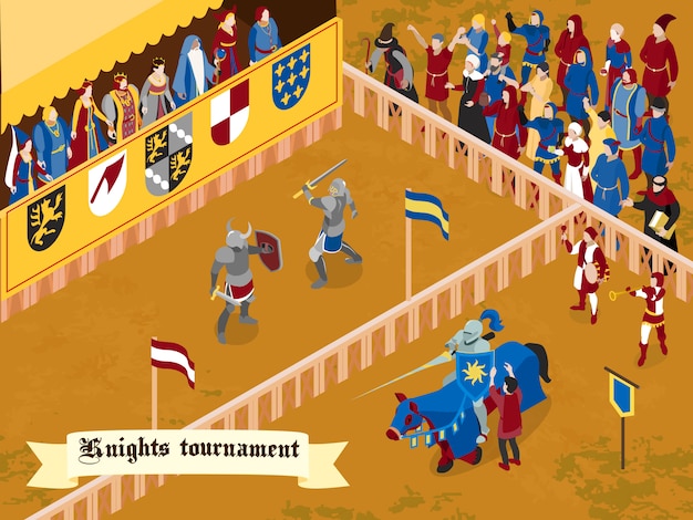 Colored and isometric medieval composition with knights tournament headline on white ribbon