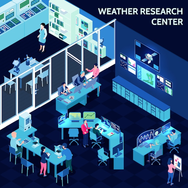 Free Vector colored isometric meteorological weather center composition with office in open space style