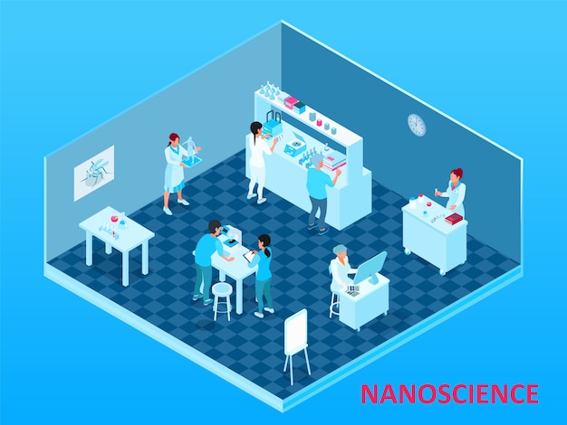 Free Vector colored isometric nanotechnology composition with isolated laboratory room with scientists and equipment