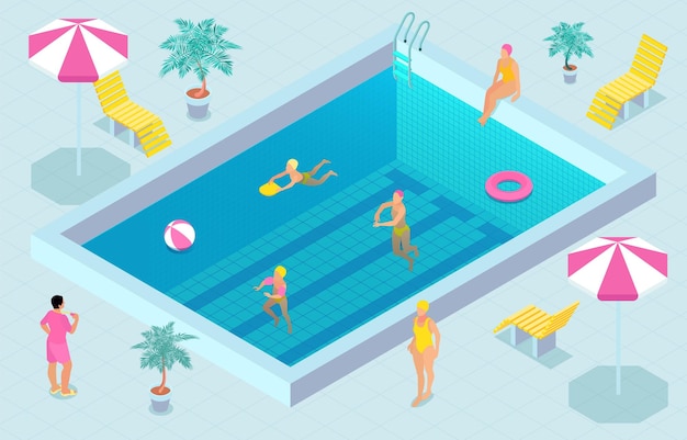 Colored Isometric Swimming Pool Composition