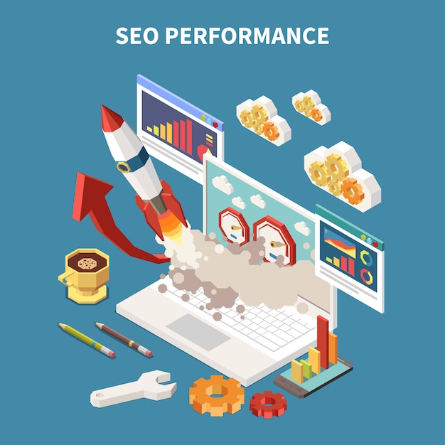 Colored and isometric web SEO composition with different abstract elements in notebook  illustration