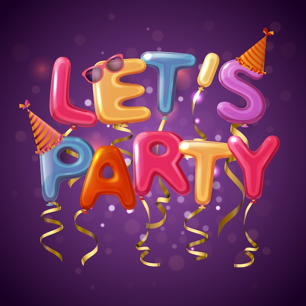 Free Vector colored party balloon letters background with let s play headline on purple fond 