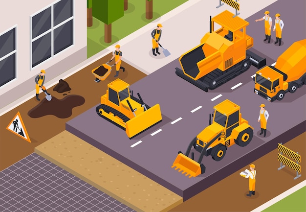 Colored and road construction isometric illustration