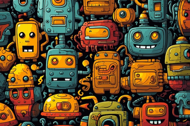 Free Vector colored robots doodle pattern with dark background