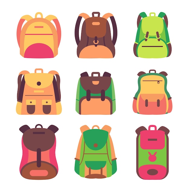 Free vector colored school backpacks set education and study back to school schoolbag luggage rucksack vector illustration