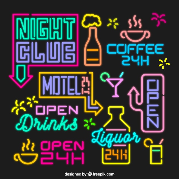 Colored set of fantastic neon lights signs